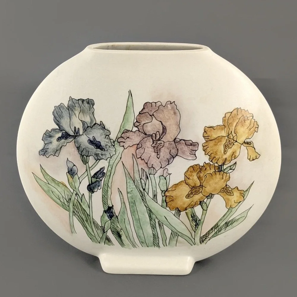 Ceramic Round Flat Iris Floral Vase Matte White Botanical Pottery 8in